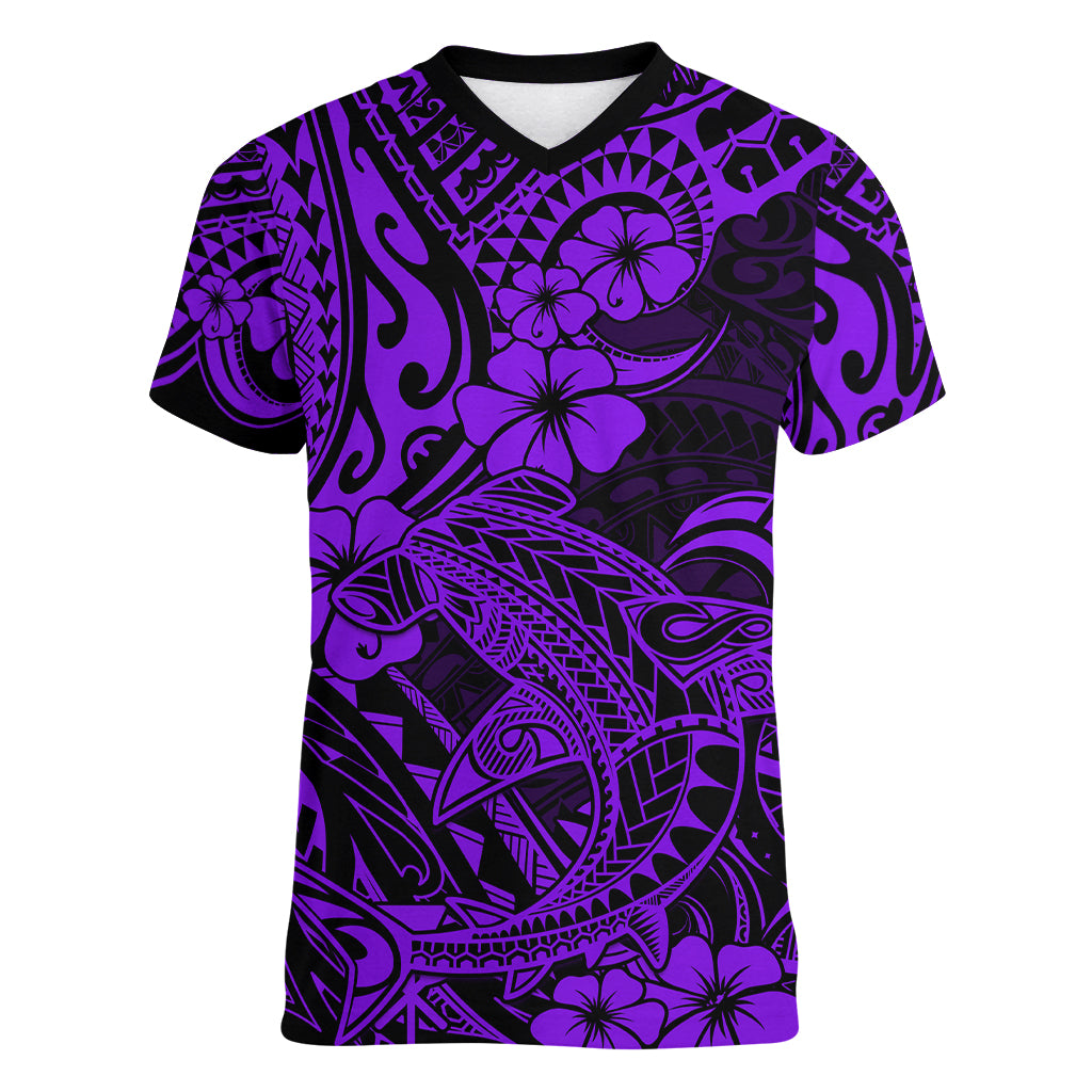 Hawaii Shark Women V Neck T Shirt Polynesian Pattern Purple Version - Wonder Print Shop