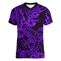 Hawaii Shark Women V Neck T Shirt Polynesian Pattern Purple Version - Wonder Print Shop