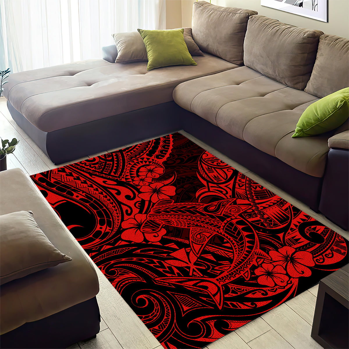 Hawaii Shark Area Rug Polynesian Pattern Red Version - Wonder Print Shop