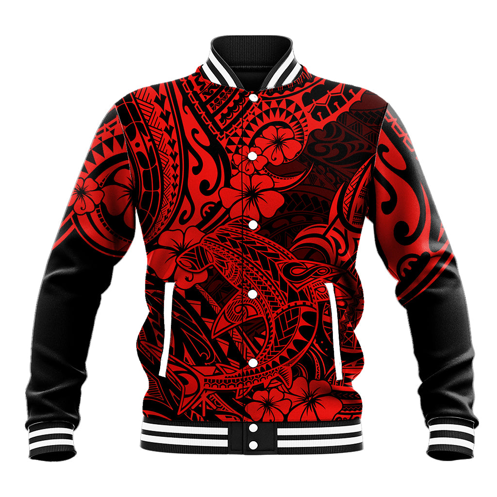 Hawaii Shark Baseball Jacket Polynesian Pattern Red Version - Wonder Print Shop