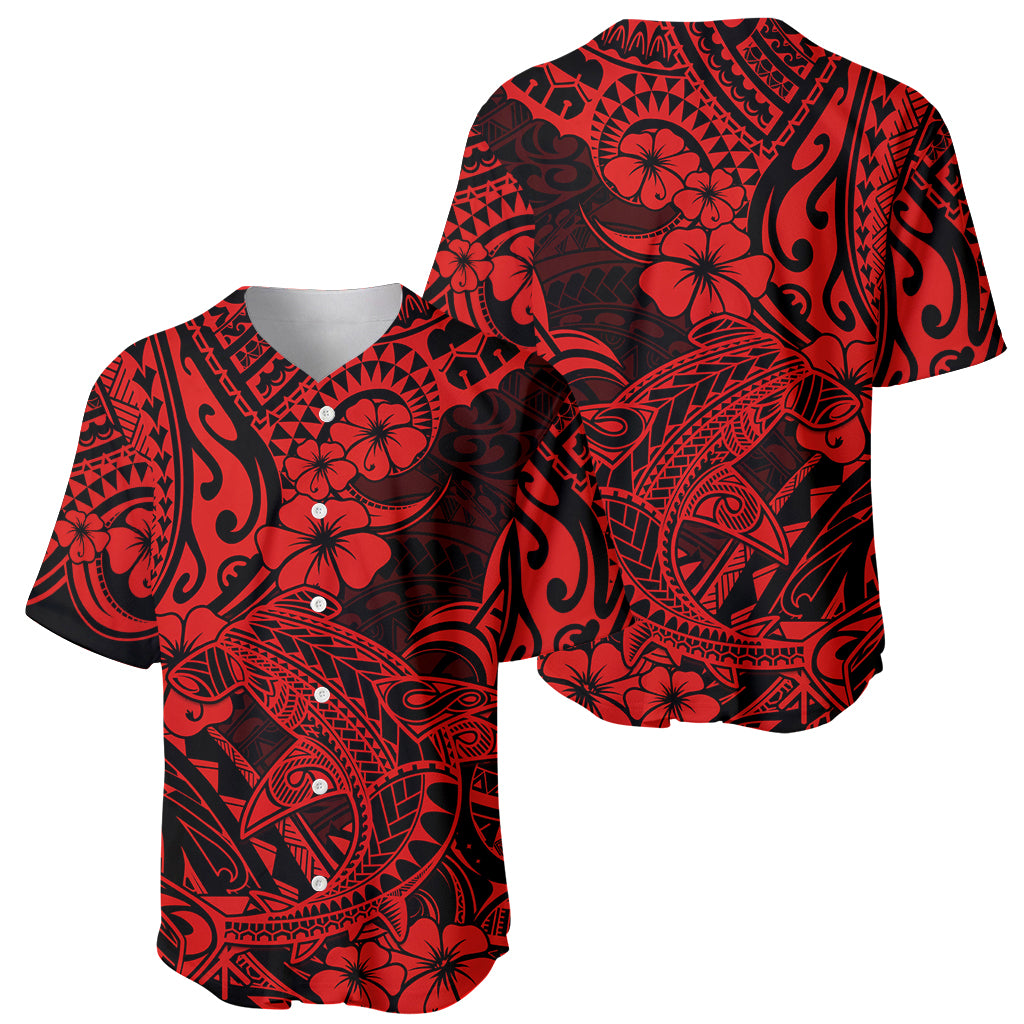 Hawaii Shark Baseball Jersey Polynesian Pattern Red Version - Wonder Print Shop