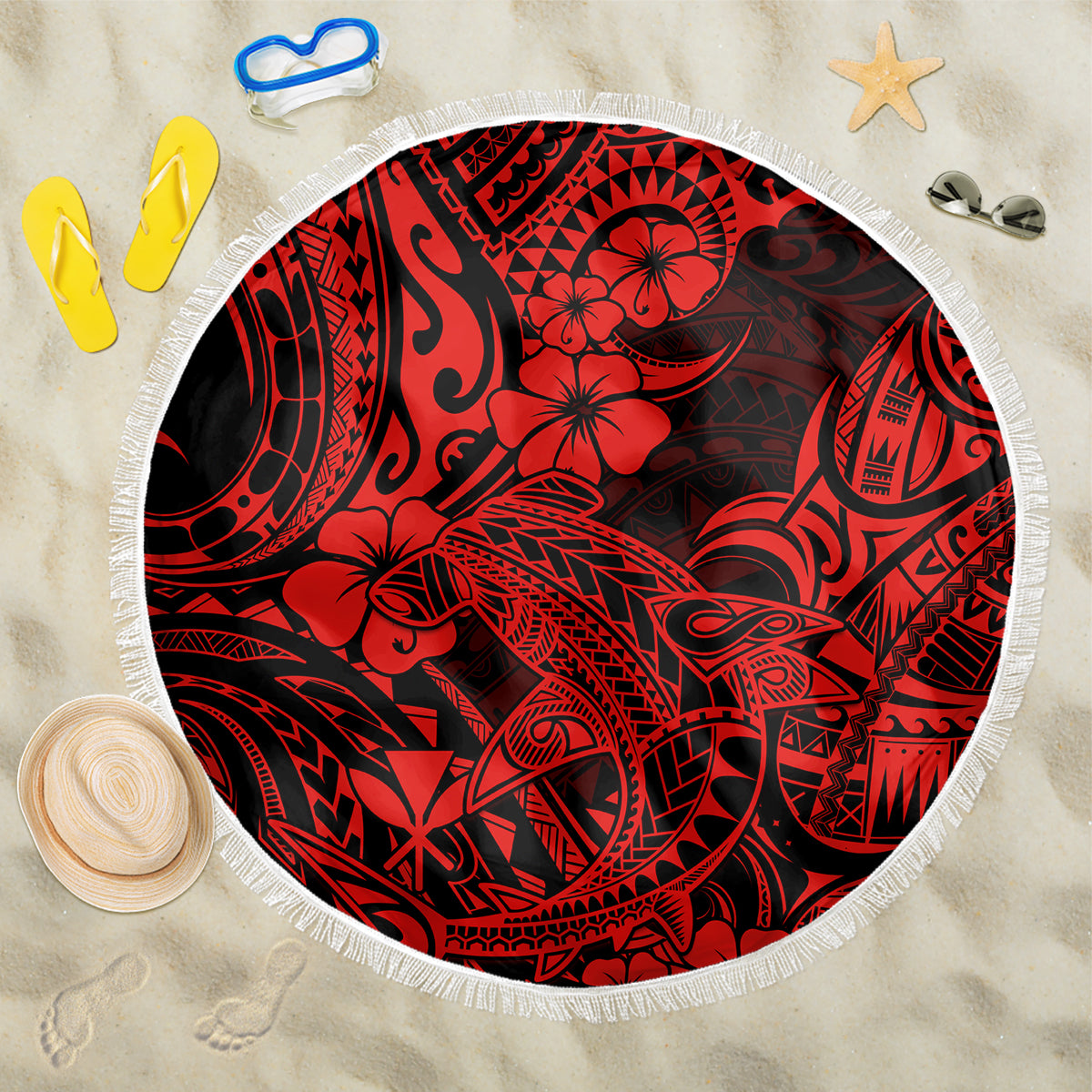 Hawaii Shark Beach Blanket Polynesian Pattern Red Version - Wonder Print Shop