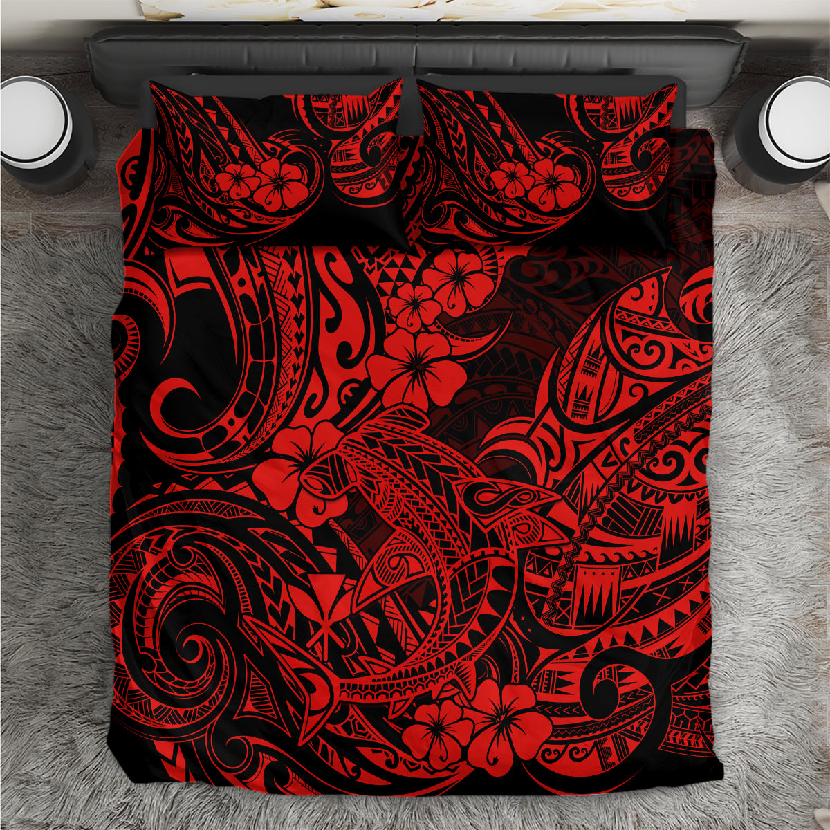 Hawaii Shark Bedding Set Polynesian Pattern Red Version - Wonder Print Shop