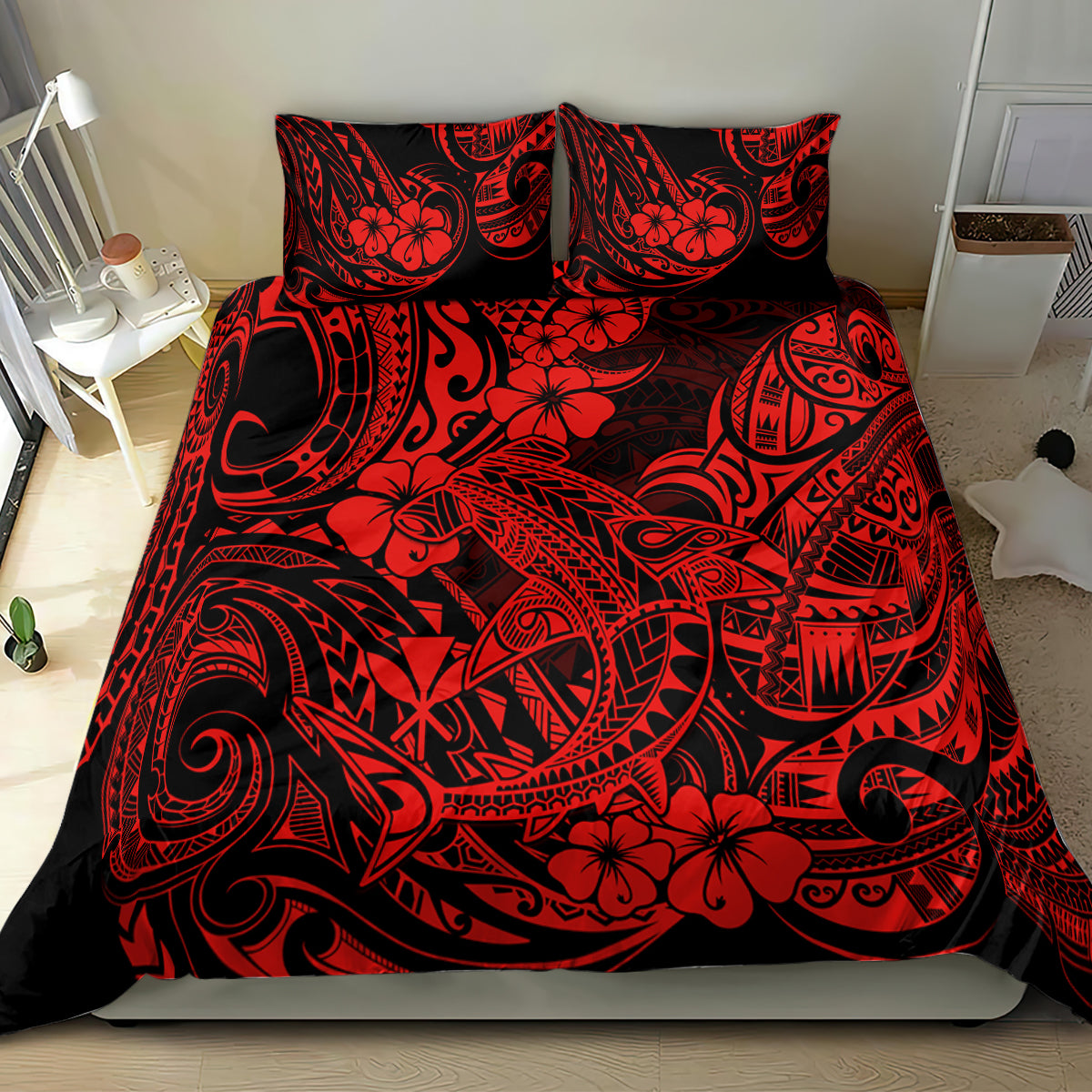 Hawaii Shark Bedding Set Polynesian Pattern Red Version - Wonder Print Shop