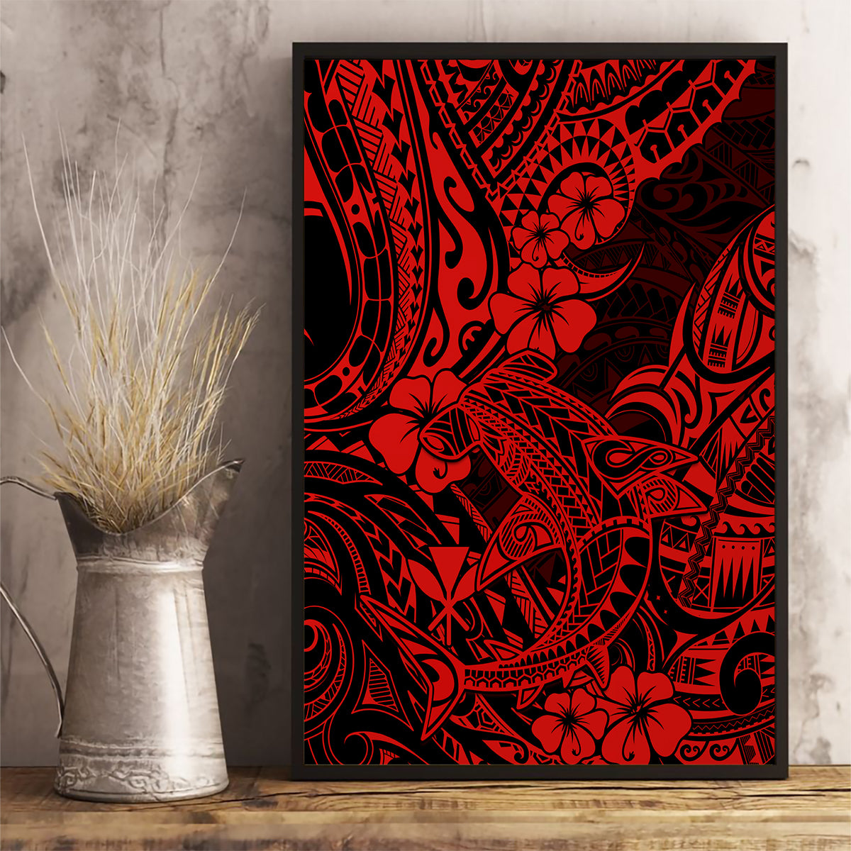 Hawaii Shark Canvas Wall Art Polynesian Pattern Red Version - Wonder Print Shop