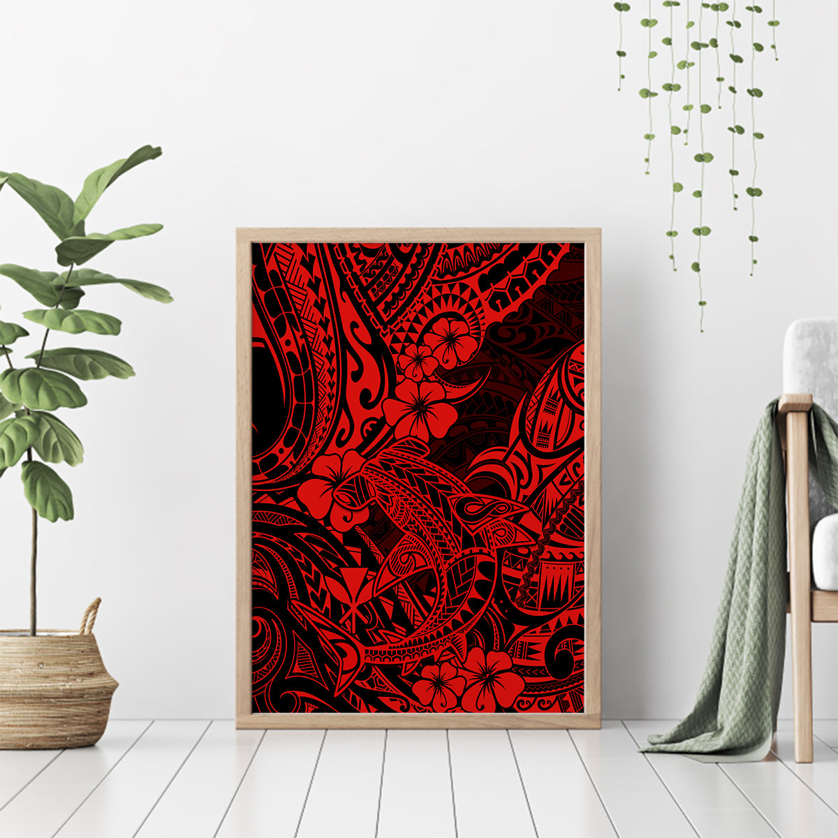 Hawaii Shark Canvas Wall Art Polynesian Pattern Red Version - Wonder Print Shop