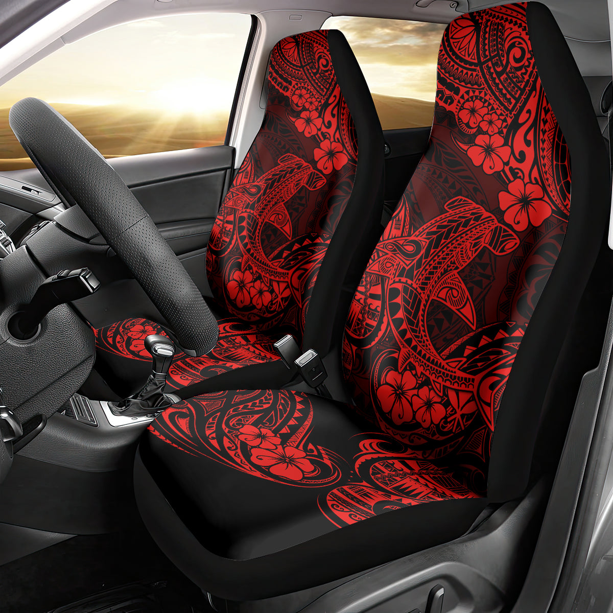 Hawaii Shark Car Seat Cover Polynesian Pattern Red Version - Wonder Print Shop