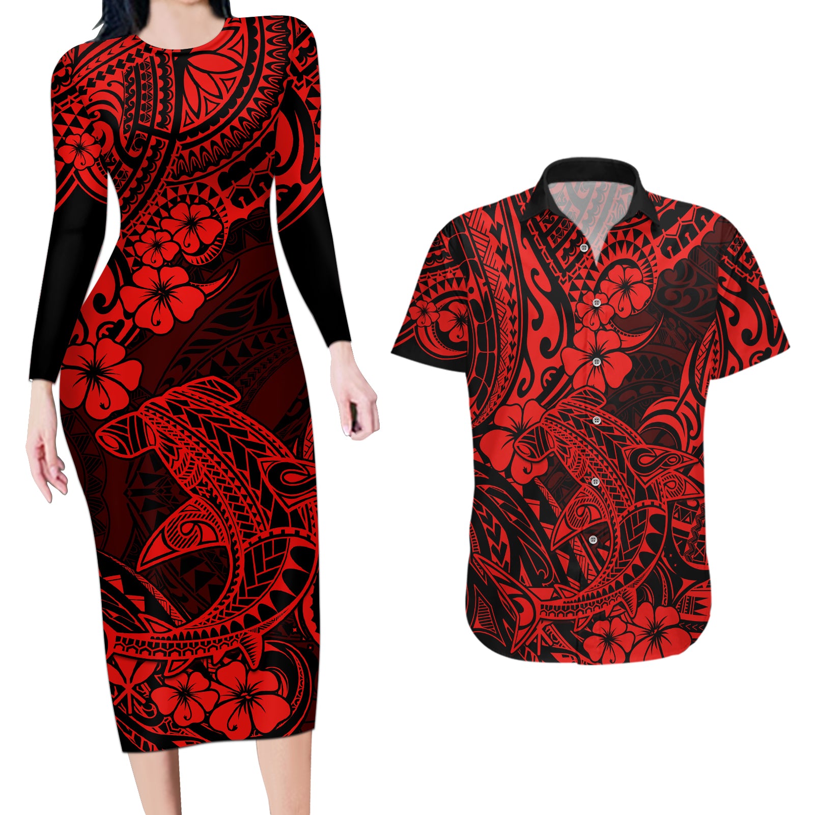 Hawaii Shark Couples Matching Long Sleeve Bodycon Dress and Hawaiian Shirt Polynesian Pattern Red Version - Wonder Print Shop