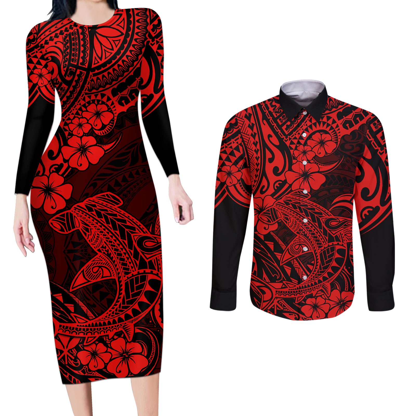 Hawaii Shark Couples Matching Long Sleeve Bodycon Dress and Long Sleeve Button Shirts Polynesian Pattern Red Version - Wonder Print Shop