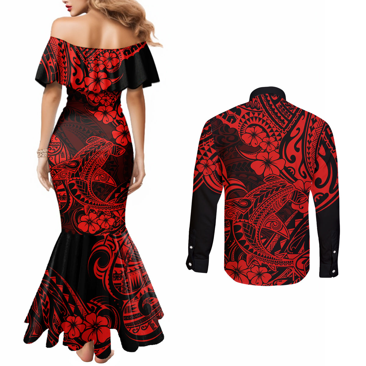 hawaii-shark-couples-matching-mermaid-dress-and-long-sleeve-button-shirts-polynesian-pattern-red-version