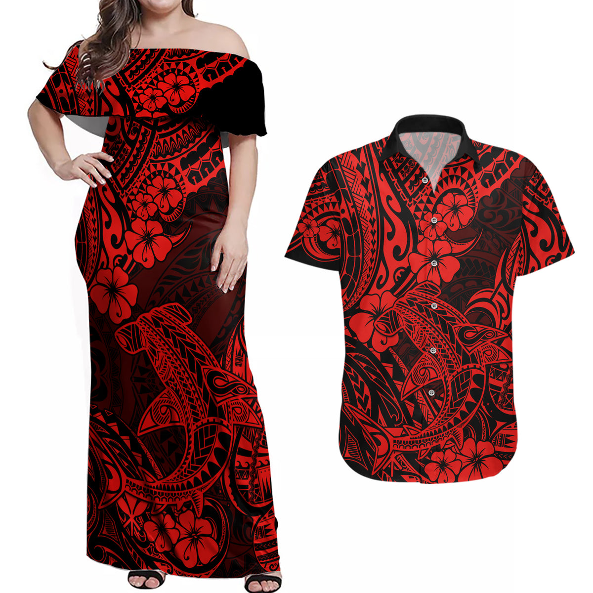 Hawaii Shark Couples Matching Off Shoulder Maxi Dress and Hawaiian Shirt Polynesian Pattern Red Version - Wonder Print Shop