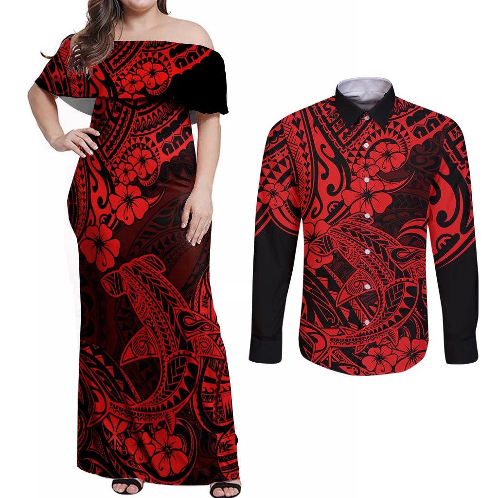 Hawaii Shark Couples Matching Off Shoulder Maxi Dress and Long Sleeve Button Shirts Polynesian Pattern Red Version - Wonder Print Shop
