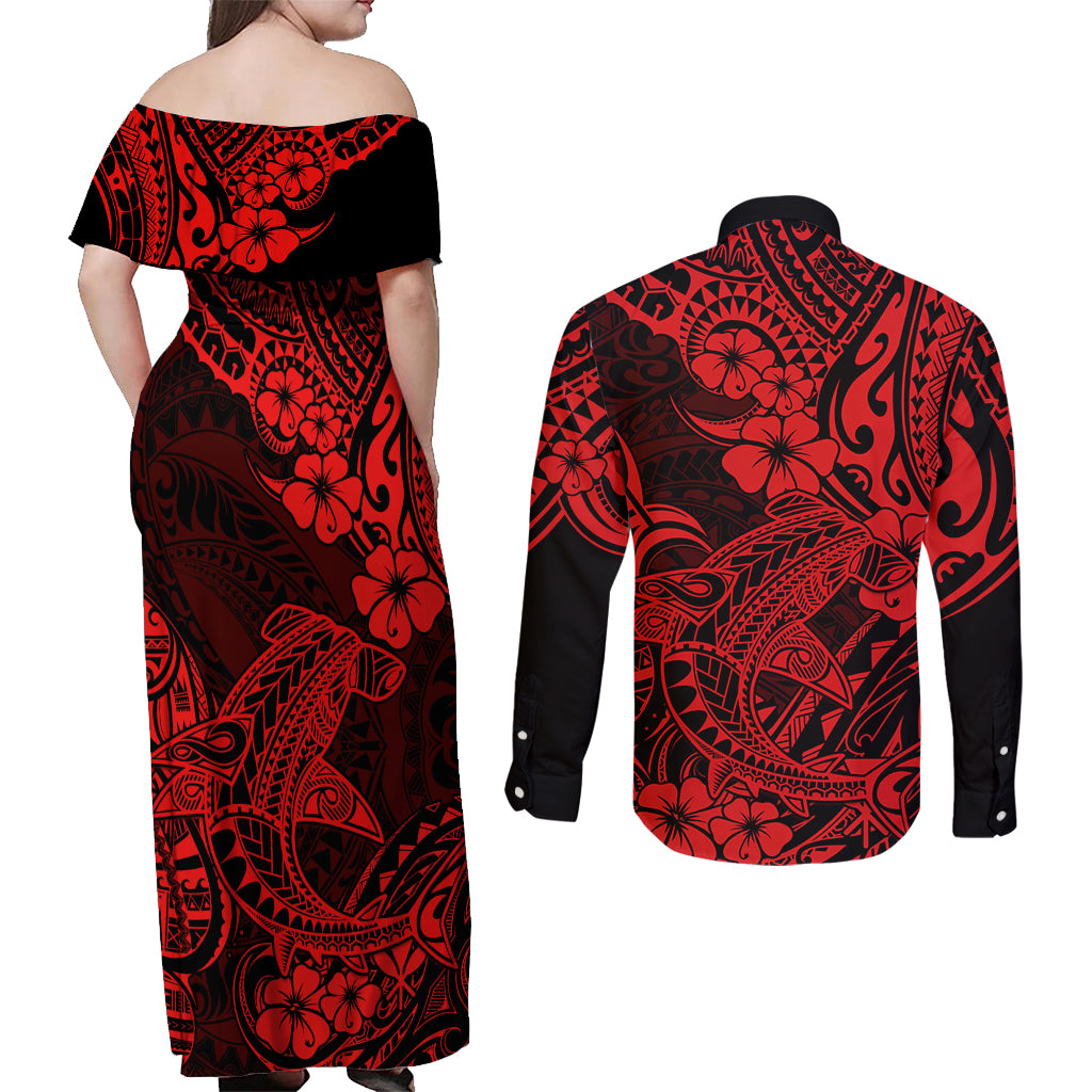 Hawaii Shark Couples Matching Off Shoulder Maxi Dress and Long Sleeve Button Shirts Polynesian Pattern Red Version - Wonder Print Shop