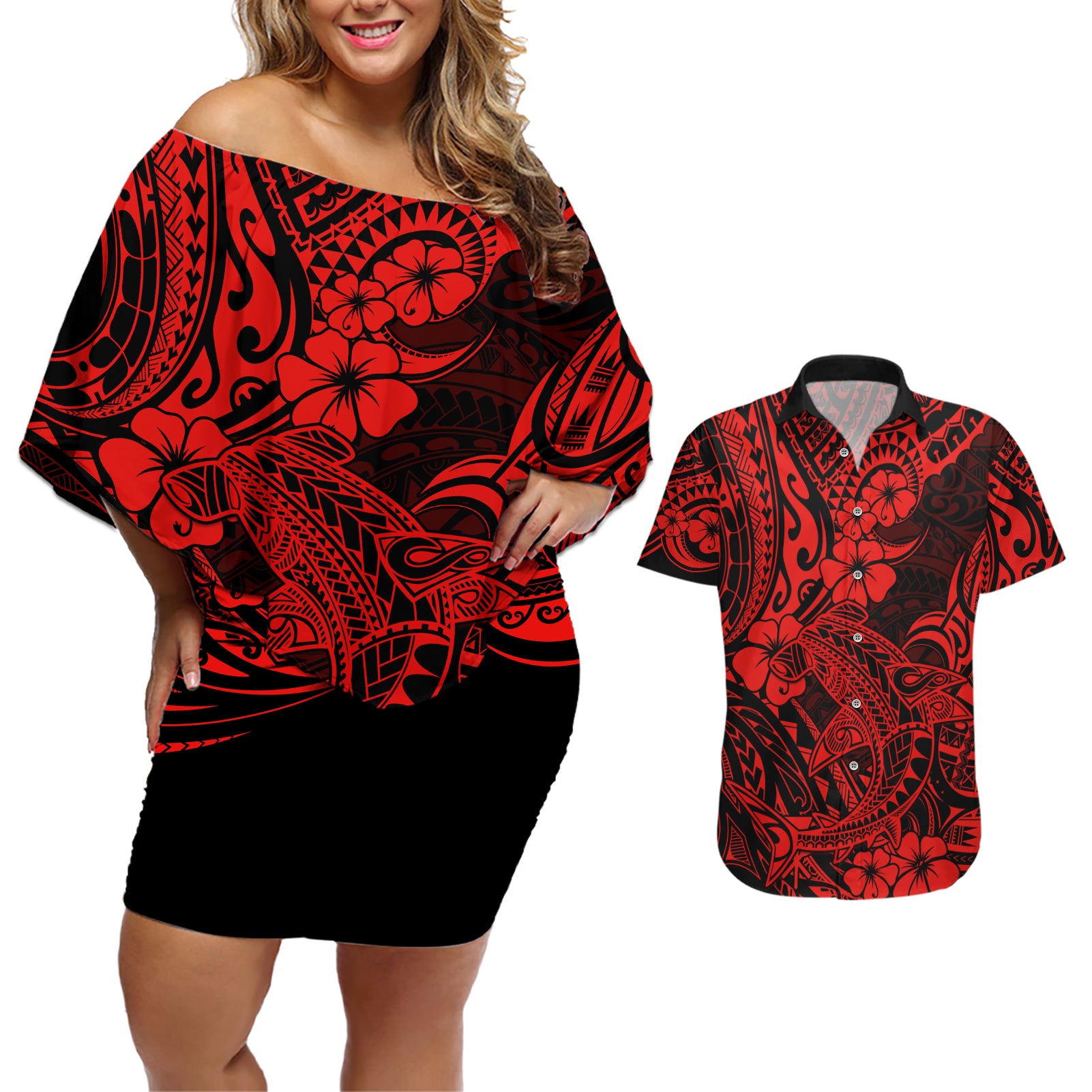 Hawaii Shark Couples Matching Off Shoulder Short Dress and Hawaiian Shirt Polynesian Pattern Red Version - Wonder Print Shop