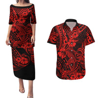 Hawaii Shark Couples Matching Puletasi Dress and Hawaiian Shirt Polynesian Pattern Red Version - Wonder Print Shop