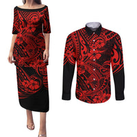 Hawaii Shark Couples Matching Puletasi Dress and Long Sleeve Button Shirts Polynesian Pattern Red Version - Wonder Print Shop