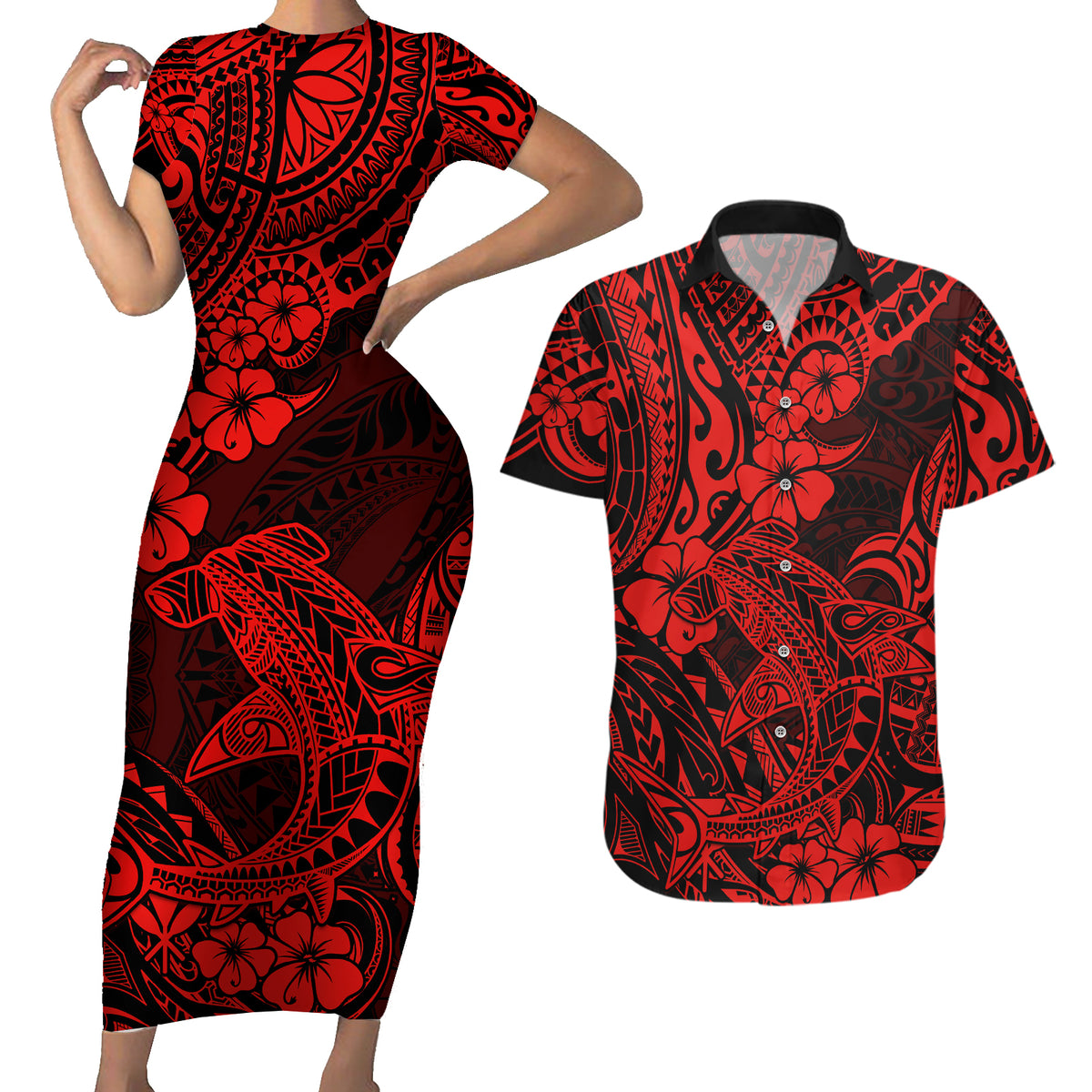 Hawaii Shark Couples Matching Short Sleeve Bodycon Dress and Hawaiian Shirt Polynesian Pattern Red Version - Wonder Print Shop