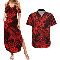 Hawaii Shark Couples Matching Summer Maxi Dress and Hawaiian Shirt Polynesian Pattern Red Version - Wonder Print Shop