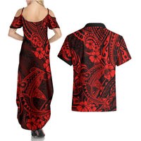 Hawaii Shark Couples Matching Summer Maxi Dress and Hawaiian Shirt Polynesian Pattern Red Version - Wonder Print Shop