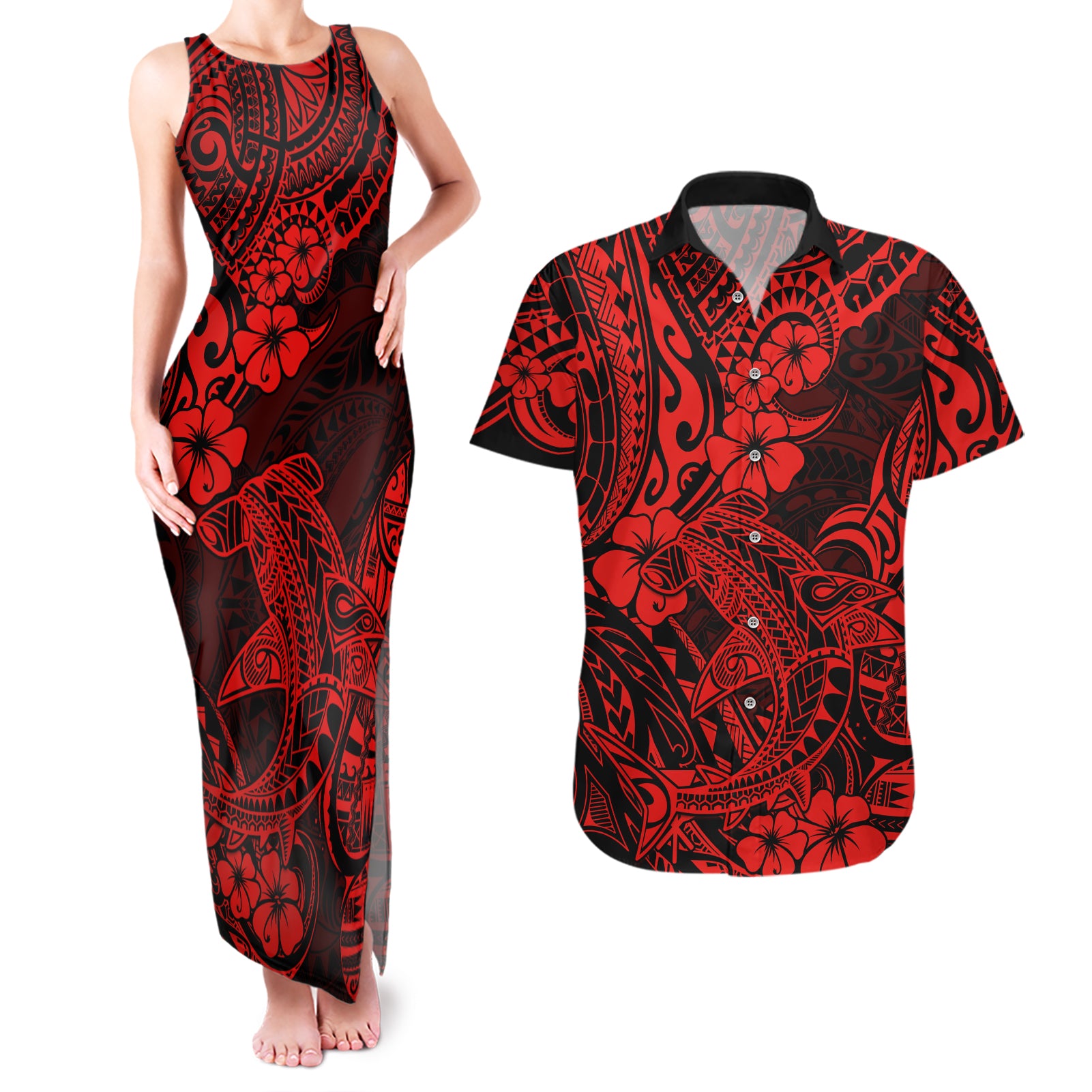 Hawaii Shark Couples Matching Tank Maxi Dress and Hawaiian Shirt Polynesian Pattern Red Version - Wonder Print Shop