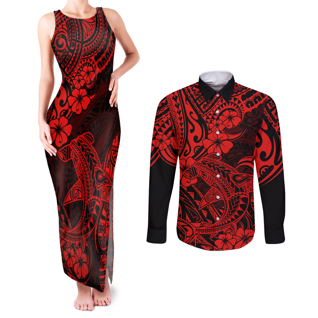 Hawaii Shark Couples Matching Tank Maxi Dress and Long Sleeve Button Shirts Polynesian Pattern Red Version - Wonder Print Shop