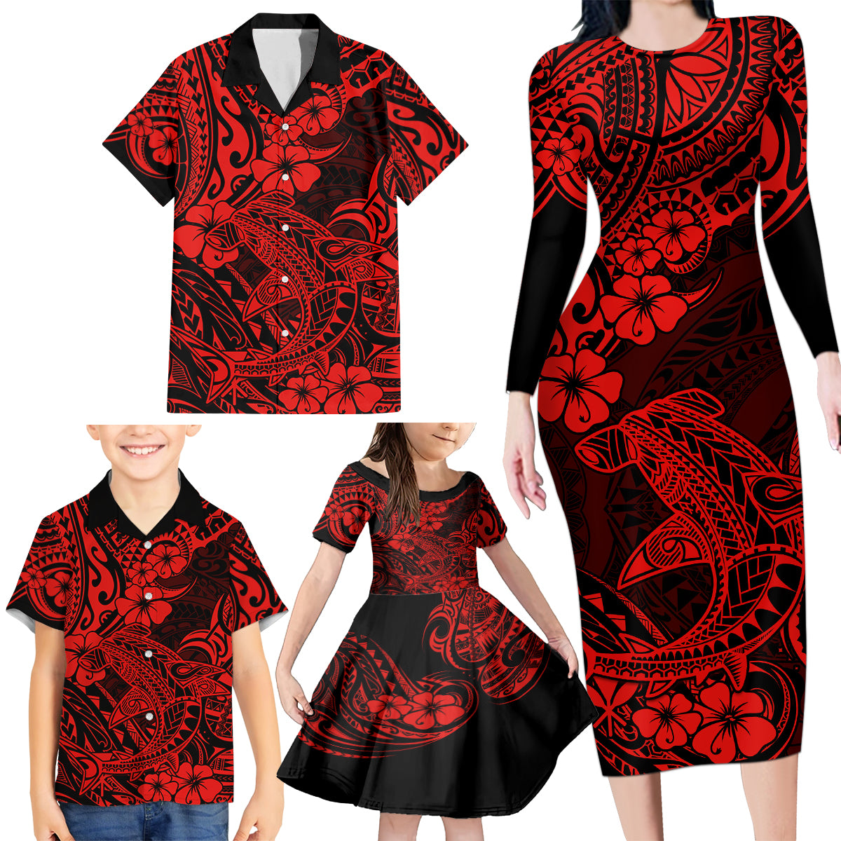 Hawaii Shark Family Matching Long Sleeve Bodycon Dress and Hawaiian Shirt Polynesian Pattern Red Version - Wonder Print Shop