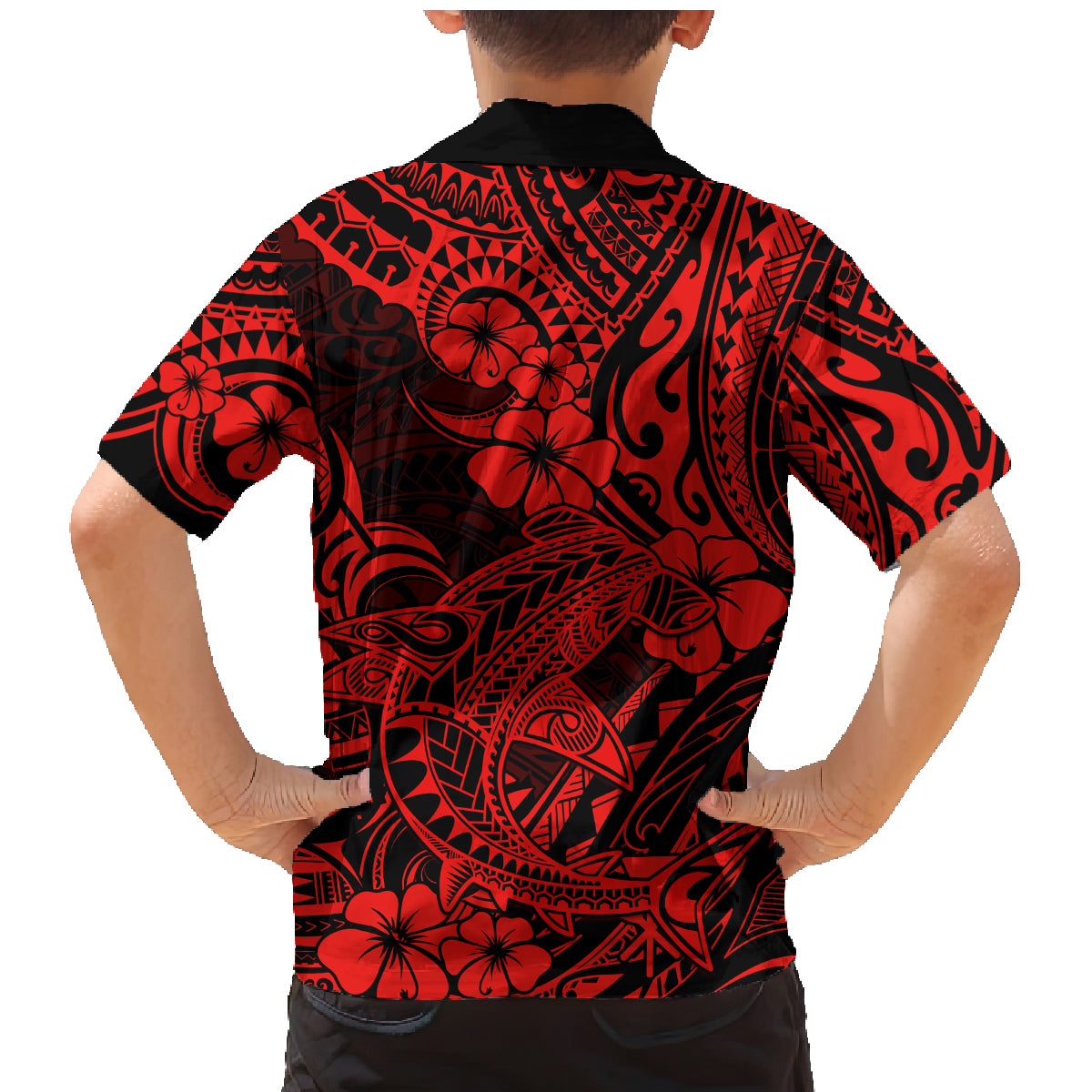 Hawaii Shark Family Matching Mermaid Dress and Hawaiian Shirt Polynesian Pattern Red Version - Wonder Print Shop