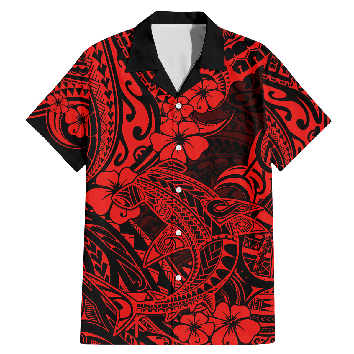 Hawaii Shark Family Matching Mermaid Dress and Hawaiian Shirt Polynesian Pattern Red Version - Wonder Print Shop