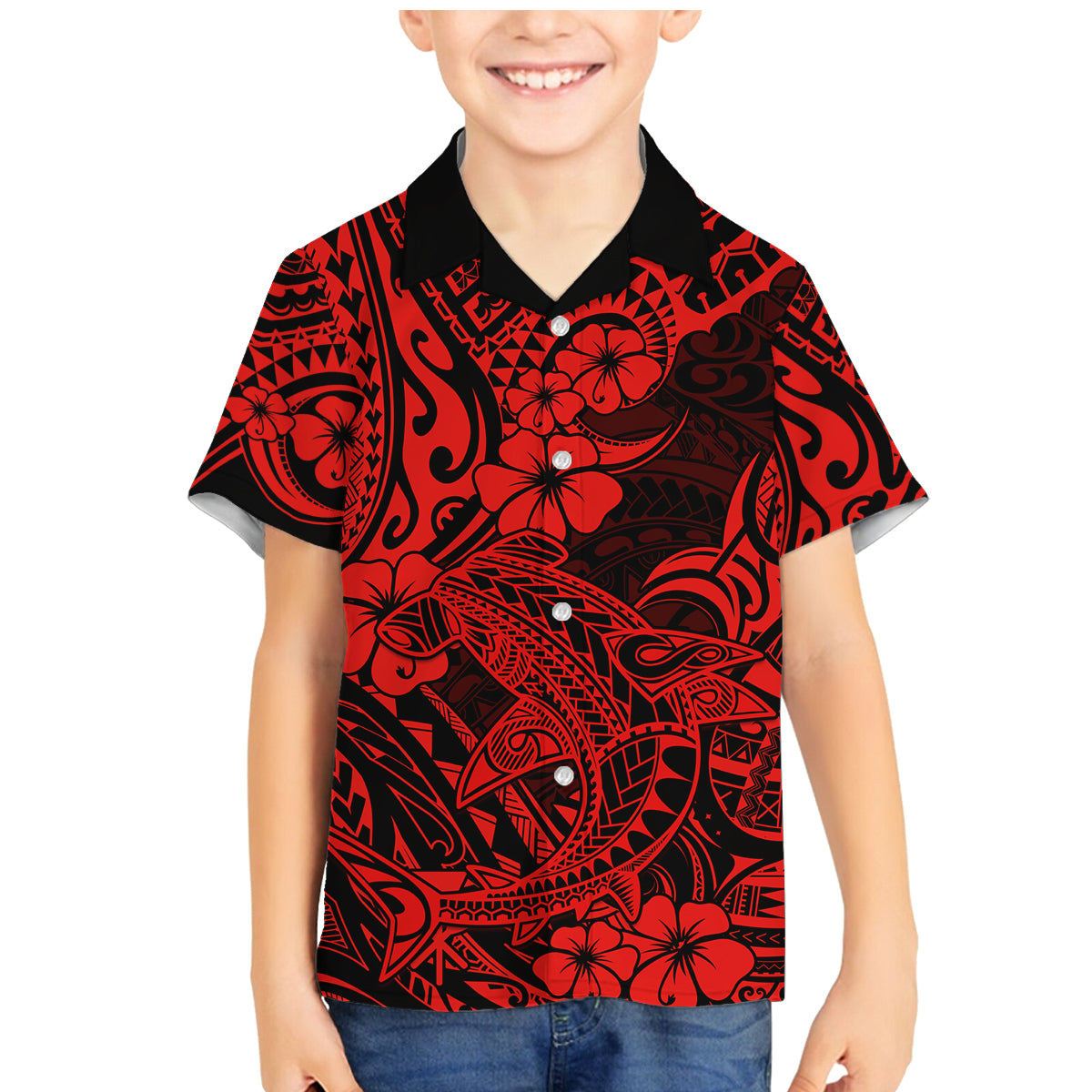 Hawaii Shark Family Matching Mermaid Dress and Hawaiian Shirt Polynesian Pattern Red Version - Wonder Print Shop