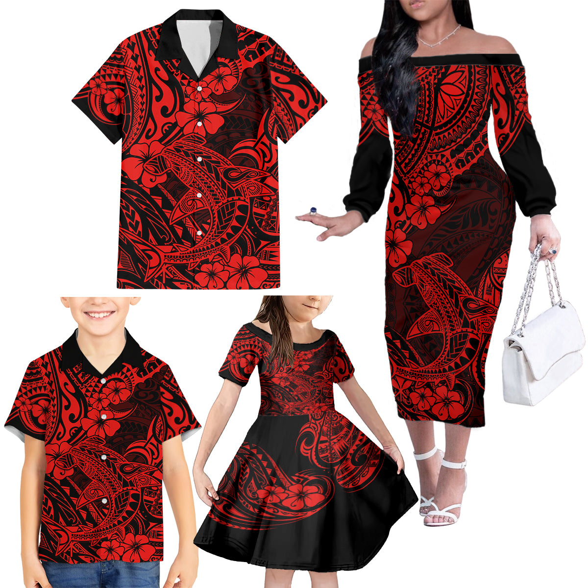 Hawaii Shark Family Matching Off Shoulder Long Sleeve Dress and Hawaiian Shirt Polynesian Pattern Red Version - Wonder Print Shop