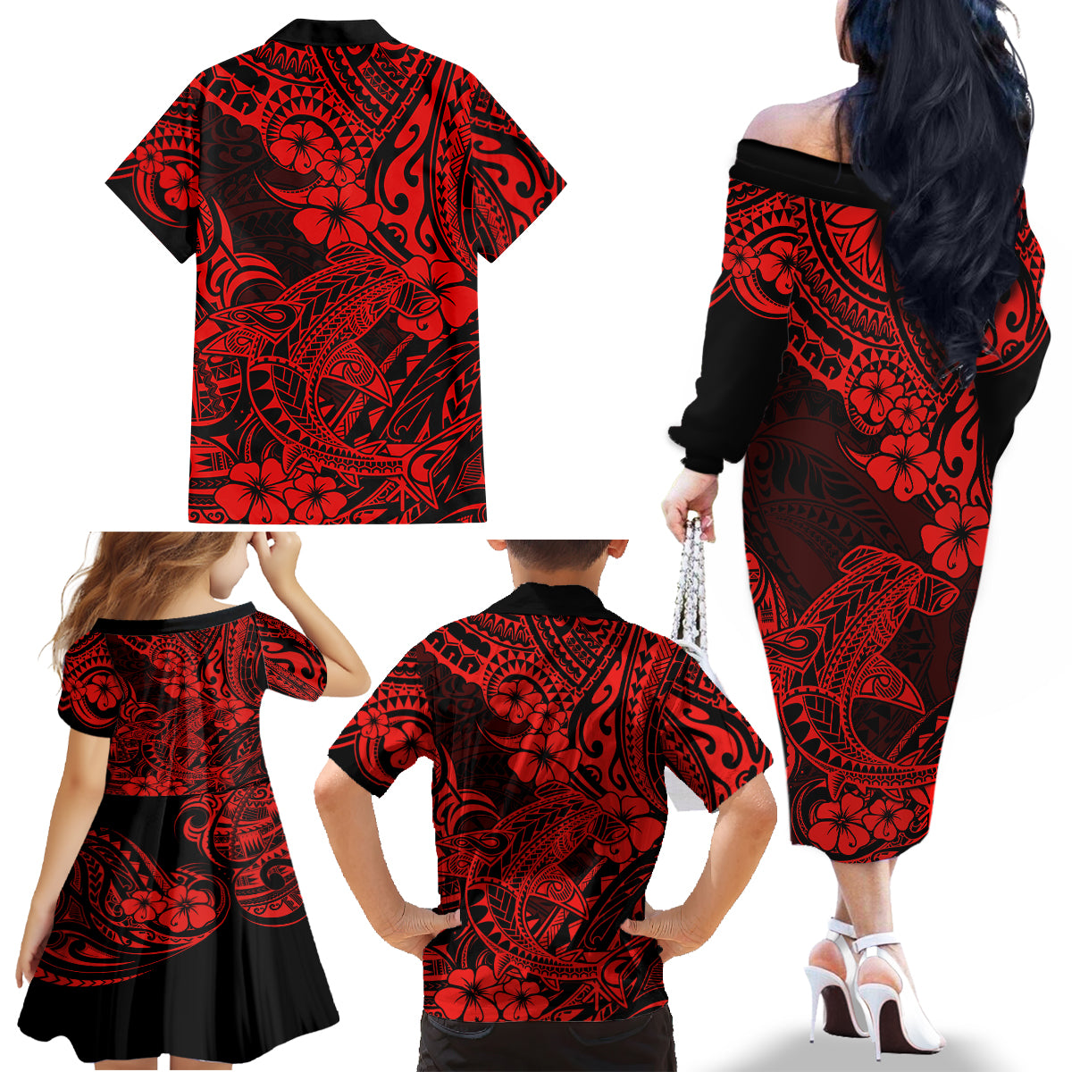 Hawaii Shark Family Matching Off Shoulder Long Sleeve Dress and Hawaiian Shirt Polynesian Pattern Red Version - Wonder Print Shop