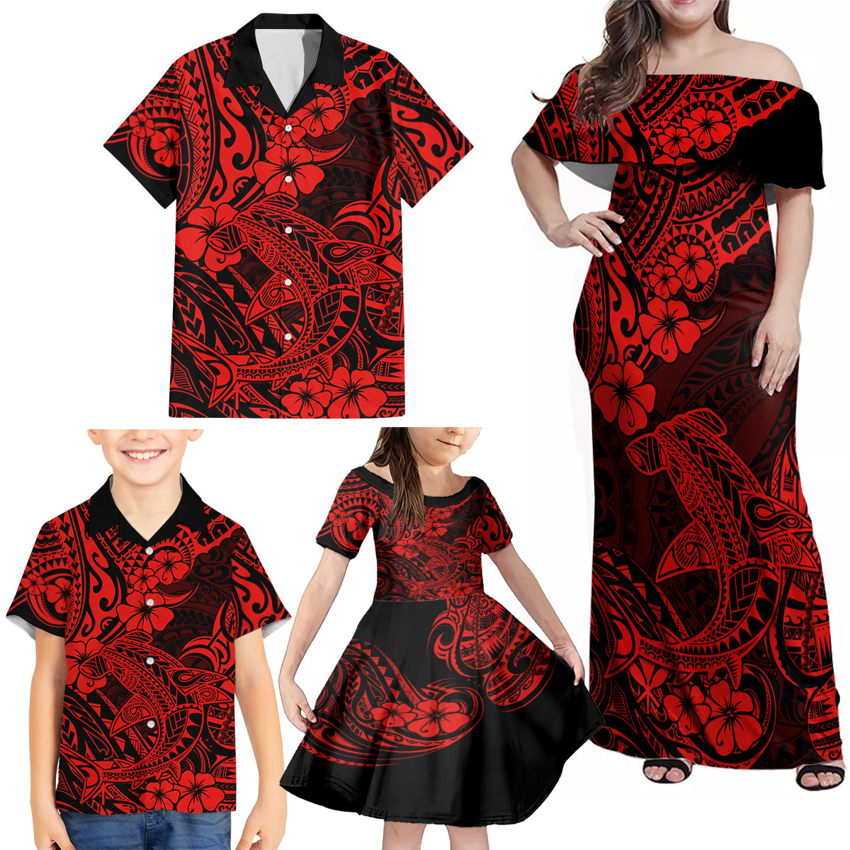 Hawaii Shark Family Matching Off Shoulder Maxi Dress and Hawaiian Shirt Polynesian Pattern Red Version - Wonder Print Shop