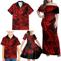 Hawaii Shark Family Matching Off Shoulder Maxi Dress and Hawaiian Shirt Polynesian Pattern Red Version - Wonder Print Shop