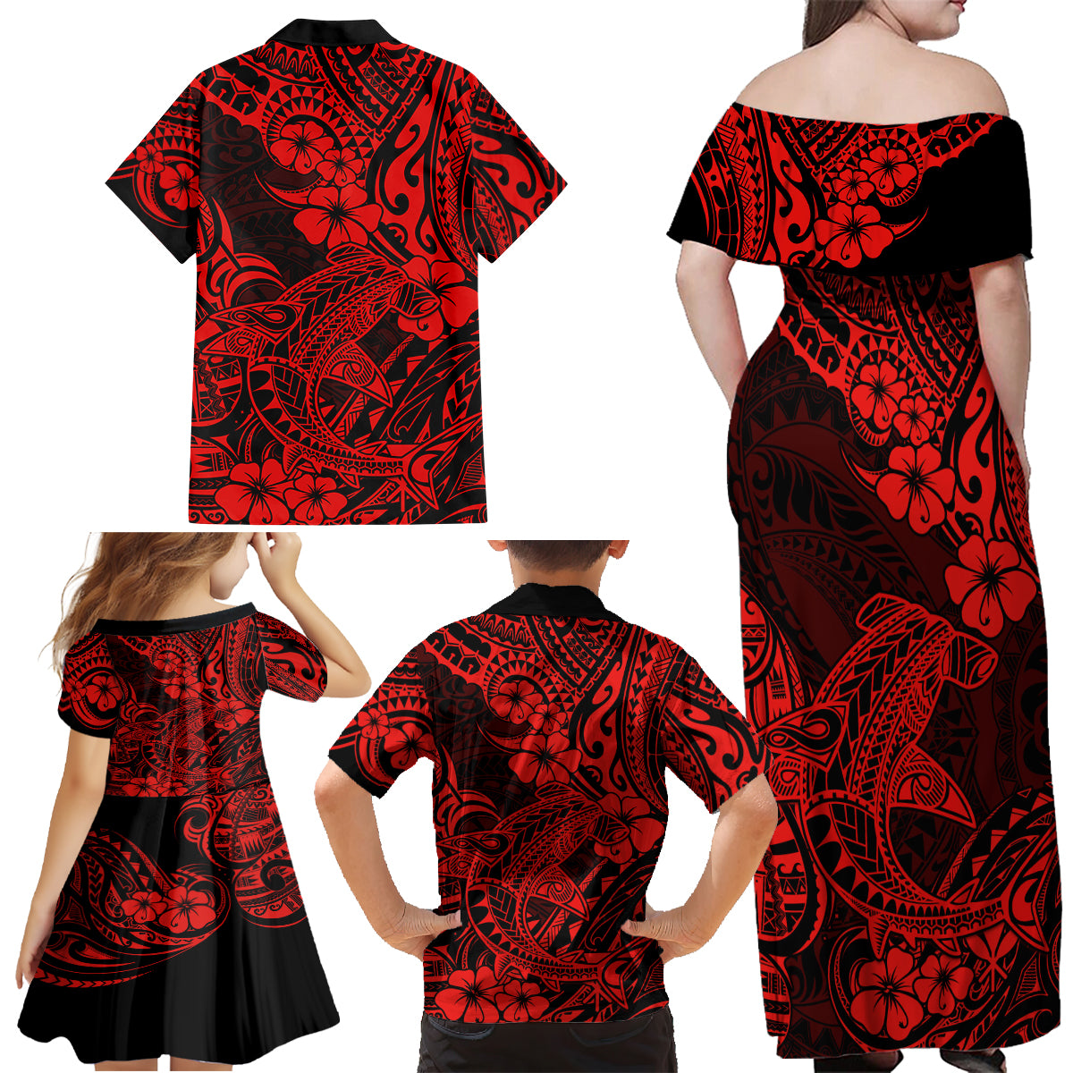 Hawaii Shark Family Matching Off Shoulder Maxi Dress and Hawaiian Shirt Polynesian Pattern Red Version - Wonder Print Shop