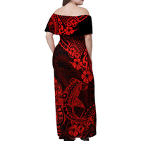 Hawaii Shark Family Matching Off Shoulder Maxi Dress and Hawaiian Shirt Polynesian Pattern Red Version - Wonder Print Shop
