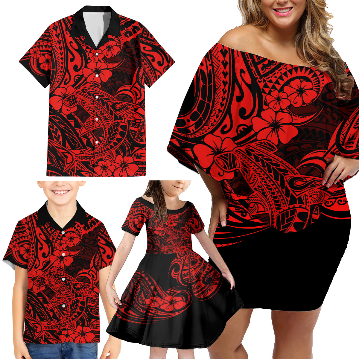 Hawaii Shark Family Matching Off Shoulder Short Dress and Hawaiian Shirt Polynesian Pattern Red Version - Wonder Print Shop