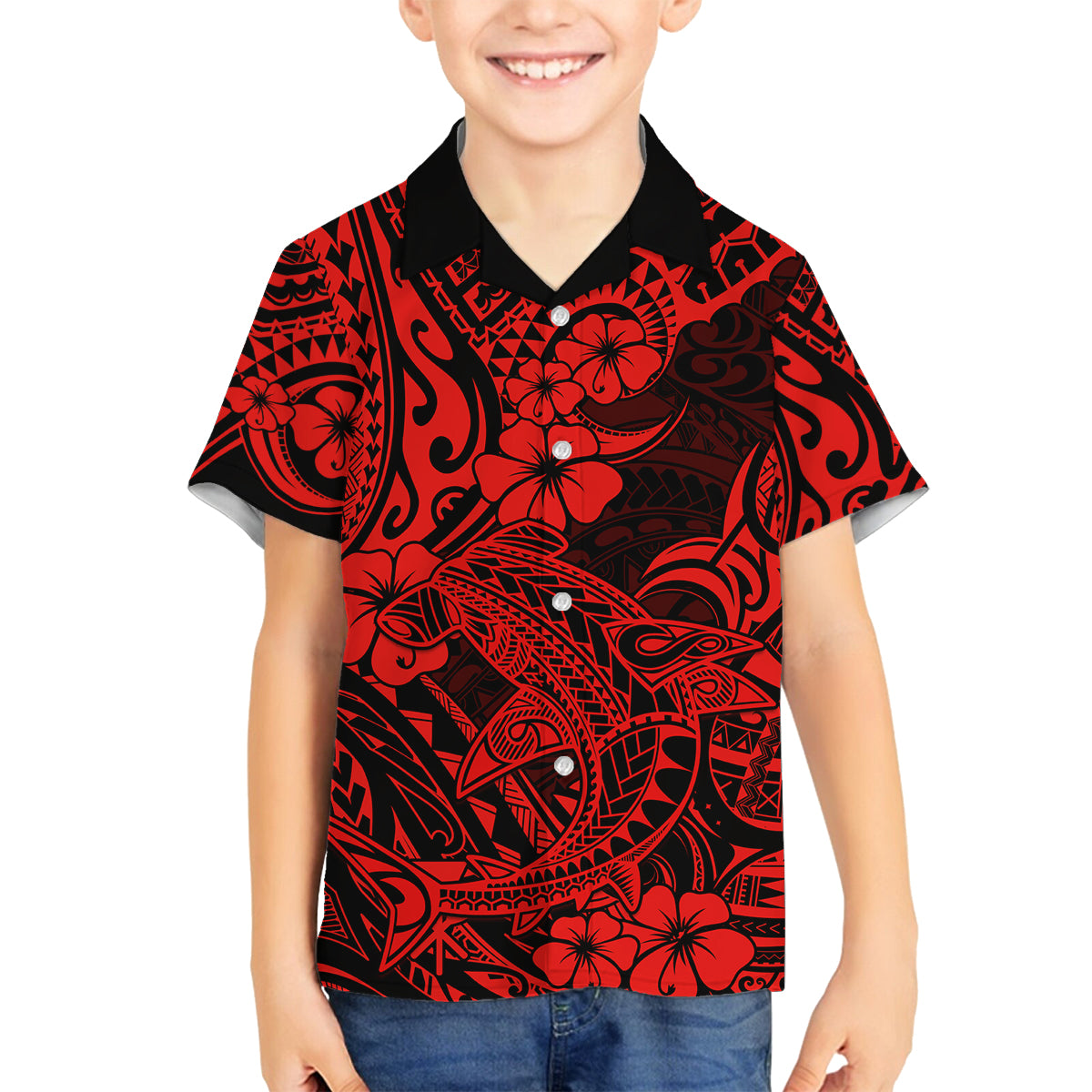 Hawaii Shark Family Matching Off Shoulder Short Dress and Hawaiian Shirt Polynesian Pattern Red Version - Wonder Print Shop