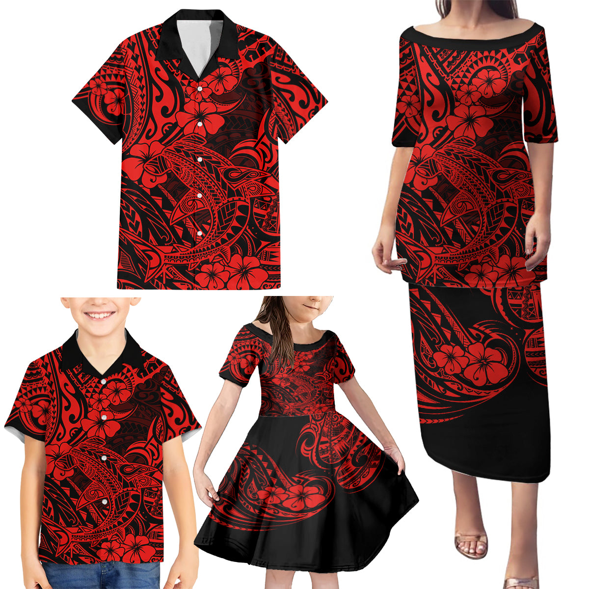 Hawaii Shark Family Matching Puletasi Dress and Hawaiian Shirt Polynesian Pattern Red Version - Wonder Print Shop