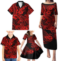 Hawaii Shark Family Matching Puletasi Dress and Hawaiian Shirt Polynesian Pattern Red Version - Wonder Print Shop
