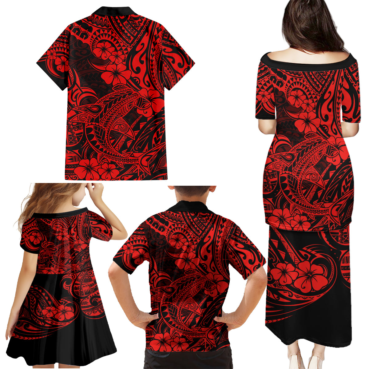 Hawaii Shark Family Matching Puletasi Dress and Hawaiian Shirt Polynesian Pattern Red Version - Wonder Print Shop