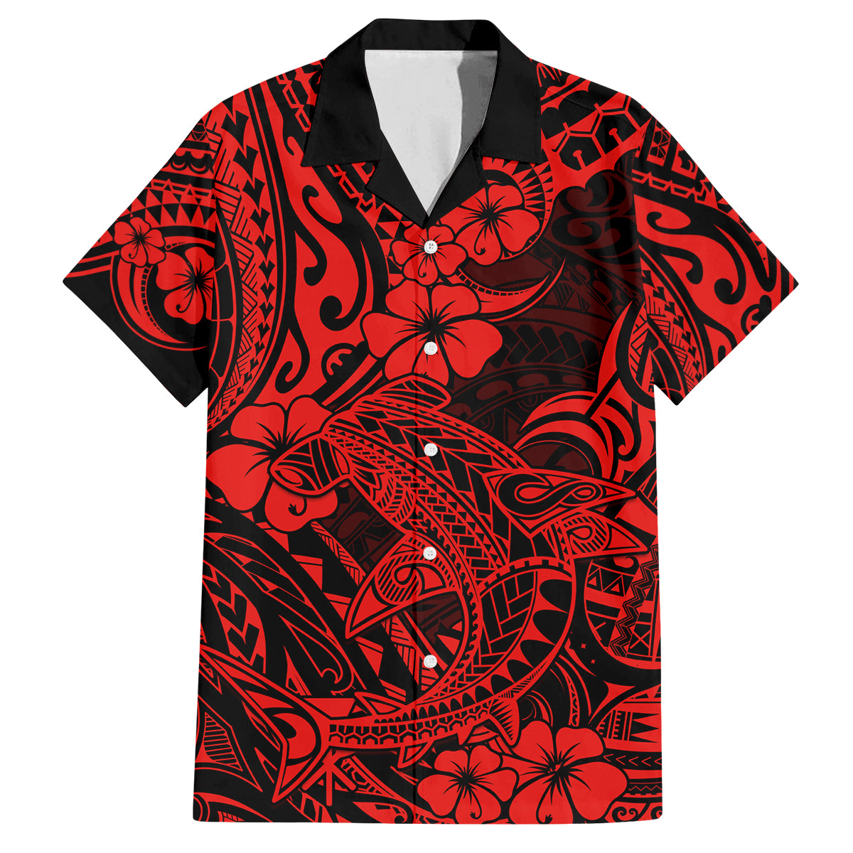 Hawaii Shark Family Matching Puletasi Dress and Hawaiian Shirt Polynesian Pattern Red Version - Wonder Print Shop