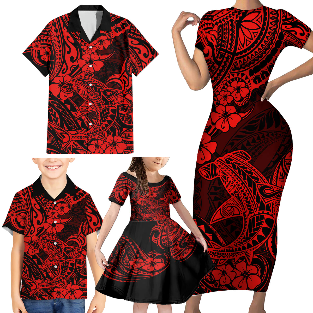 Hawaii Shark Family Matching Short Sleeve Bodycon Dress and Hawaiian Shirt Polynesian Pattern Red Version - Wonder Print Shop