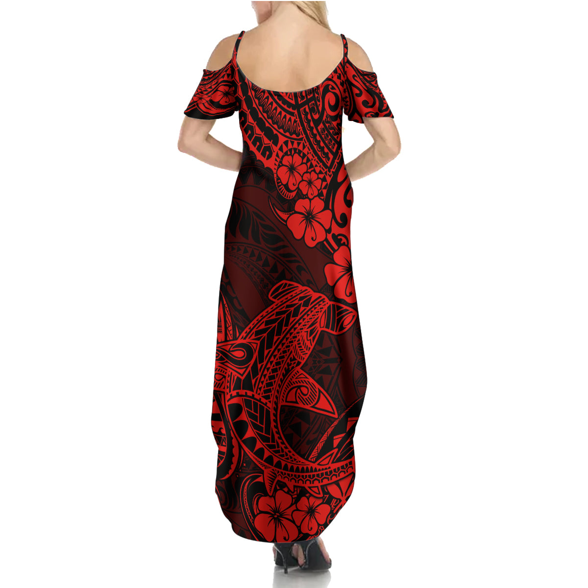 Hawaii Shark Family Matching Summer Maxi Dress and Hawaiian Shirt Polynesian Pattern Red Version - Wonder Print Shop