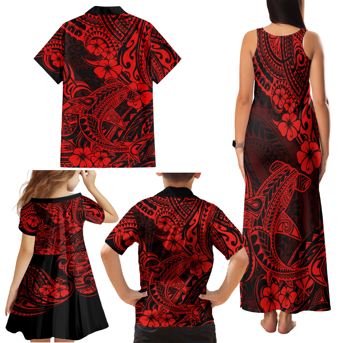 Hawaii Shark Family Matching Tank Maxi Dress and Hawaiian Shirt Polynesian Pattern Red Version - Wonder Print Shop