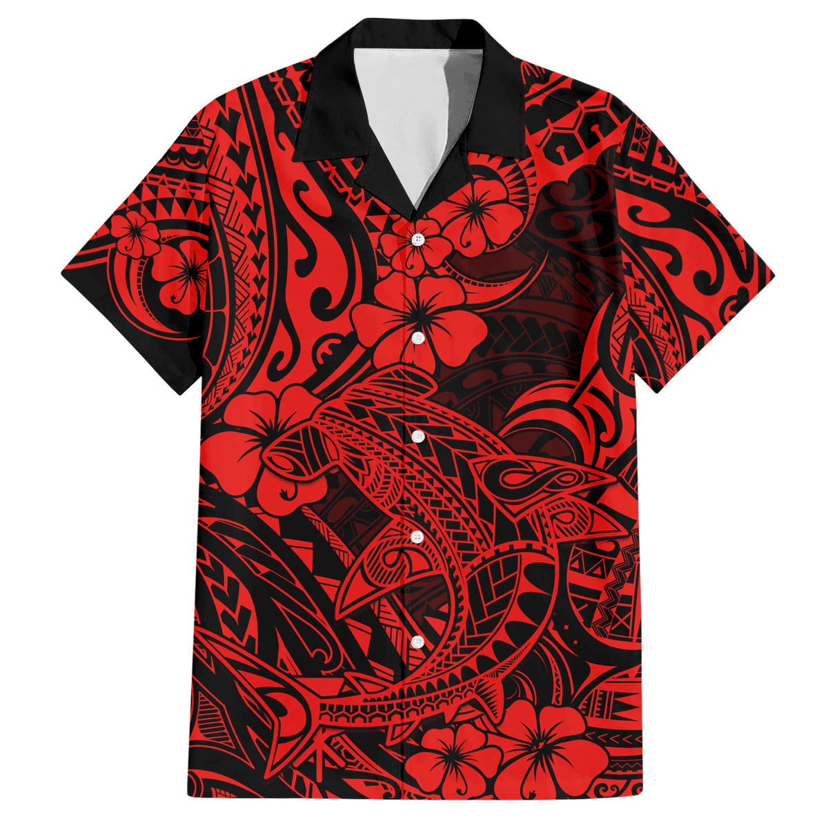 Hawaii Shark Hawaiian Shirt Polynesian Pattern Red Version - Wonder Print Shop