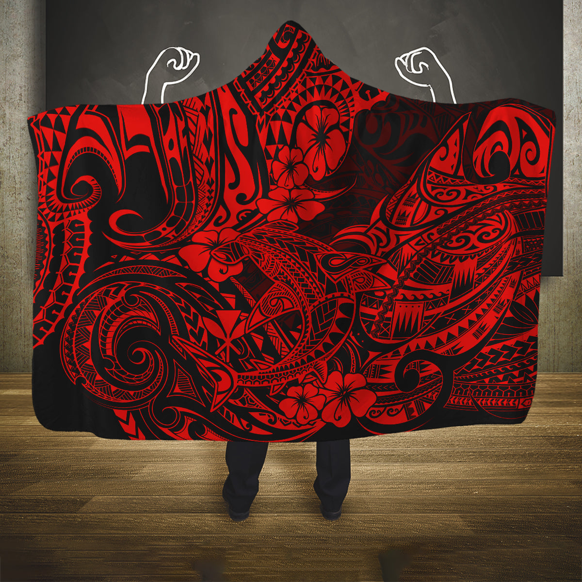hawaii-shark-hooded-blanket-polynesian-pattern-red-version