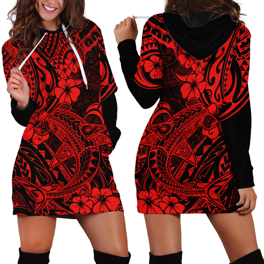 Hawaii Shark Hoodie Dress Polynesian Pattern Red Version - Wonder Print Shop