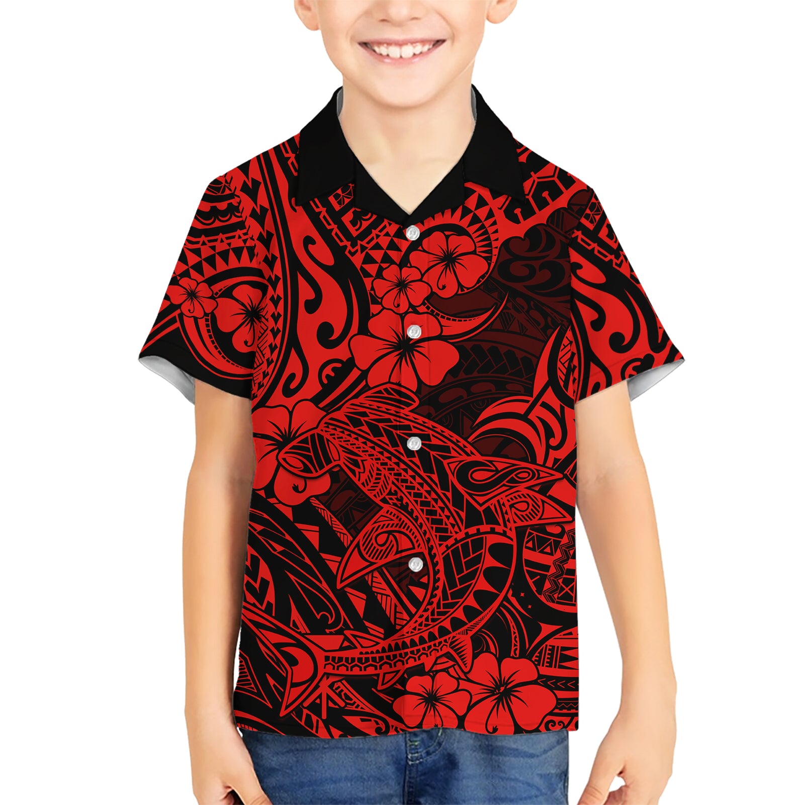 Hawaii Shark Kid Hawaiian Shirt Polynesian Pattern Red Version - Wonder Print Shop
