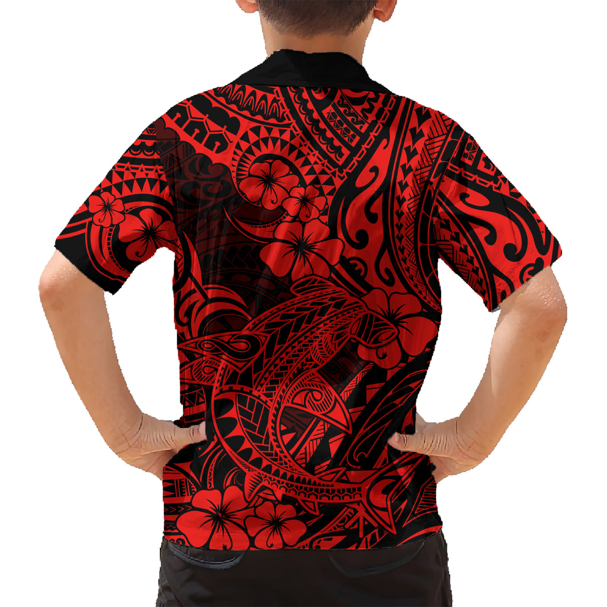 Hawaii Shark Kid Hawaiian Shirt Polynesian Pattern Red Version - Wonder Print Shop