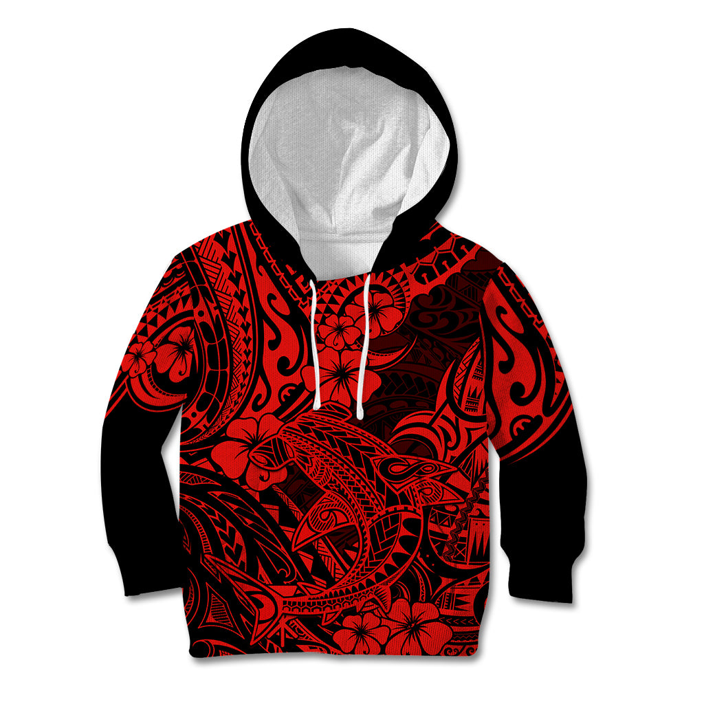 Hawaii Shark Kid Hoodie Polynesian Pattern Red Version - Wonder Print Shop